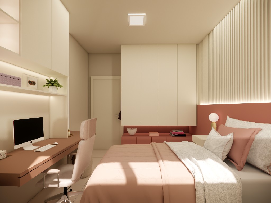 Quarto LV com paleta clara e cabeceira estofada